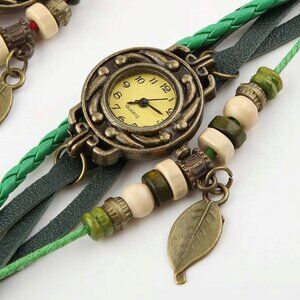 Beaded Bracelet Boho Watch - Leaf Charm - Green
